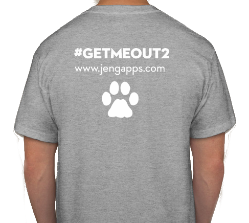 A male model in a grey shirt with the get me out 2 hashtag and slogan